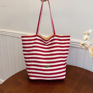 Women Large Capacity Striped Canvas Tote Bag Casual Shoulder Bag With Handmade Metal Tag For Daily Shopping Travel