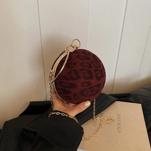 Women Fashion Leopard Print Spherical Evening Bag With Rhinestone Round Handle Gold Metal Chain Shoulder Crossbody Clutch Bag