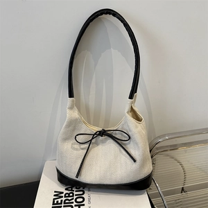 Women's Fashion Herringbone Nylon Shoulder Bag Minimalist Large Capacity Tote Bag With Bow Detail Contrast Stitching Bag