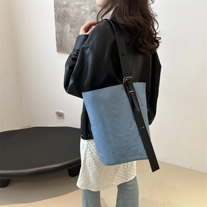 Retro Denim-Blau Leinwand Eimer Tasche mit verstellbarem Lederriemen für Damen