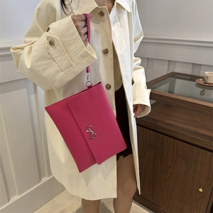 Retro rose pink envelope clutch bag with silver metal bow and detachable wrist strap
