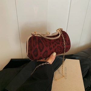 Pochette de Soirée à Imprimé Léopard Mode Poignée en Métal Doré Fermoir Boule Strass Sac à Bandoulière Nylon avec Chaîne Femme