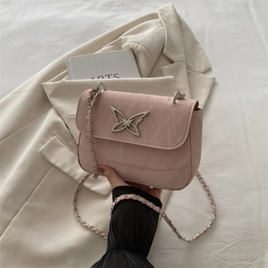 Fashion Women PU Shoulder Bag Metal Butterfly Decoration Crinkled Texture Chain Strap Crossbody Small Square Bag Exquisite Handbag