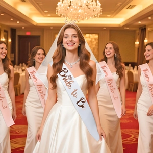 Close-up of Bride to be satin sash and bridesmaid Team Bride sashes in luxury party setting