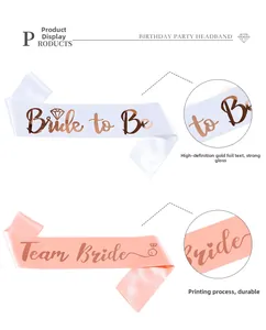 Detail of satin Bride to Be and Team Bride sashes with premium gold foil stamping text