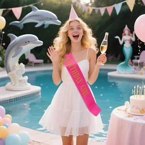 Pink satin Birthday Girl sash and polka dot party hat for festive birthday celebrations