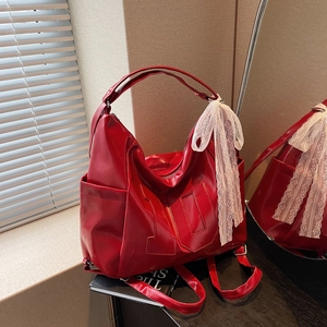 American Retro Large Capacity PU Leather Tote Bag Women Vintage Shoulder Bag With Lace Bow Detail Number Embossed Fashion Bag