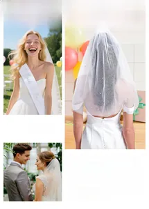 Close-up of double-layer rhinestone bridal veil and glittery Bride to Be sash set