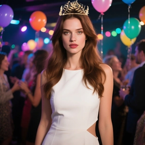 Detailed view of a gold leaf tiara worn by a model in a vibrant party setting
