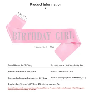 Pink satin birthday girl sash with glitter silver lettering for party decorations