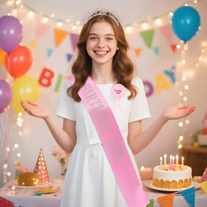 Ensemble 3 pièces Birthday Girl rose avec écharpe, serre-tête et badge de fête