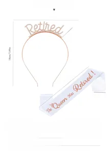 Detailed view of Retired party set with rose gold rhinestone headband and satin sash