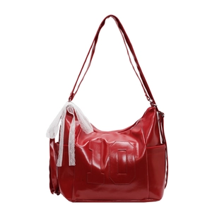 Retro red faux leather tote bag with number 10 embossing and white lace ribbon