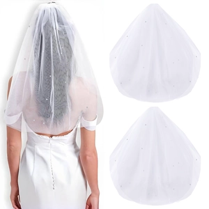 Short double-layer white bridal veil with rhinestones, elegant two-tier tulle wedding accessory