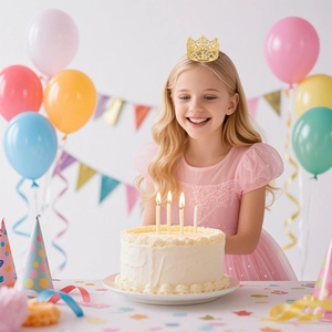Couronne baroque dorée pour filles dans un décor de fête d'anniversaire avec gâteau