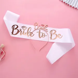Bride to Be party set with rose gold metal headband and white satin sash with diamond print