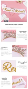 Detail of rose gold Retired headband and glittery satin sash for retirement party