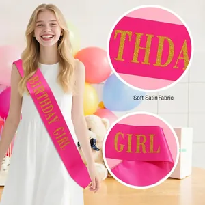 Pink satin Birthday Girl sash with gold glitter lettering for party decoration