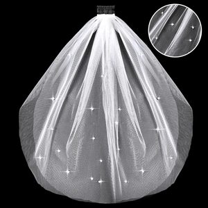 White double-layer bridal veil with sparkling rhinestones and black hair comb