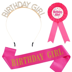 Ensemble de Fête Birthday Girl 3 Pièces Serre-tête en Alliage Strass Écharpe en Satin Rose et Badge pour Accessoires d'Anniversaire