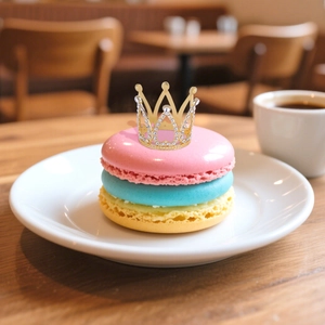 Miniature gold crown cake topper with white rhinestones on a colorful macaron