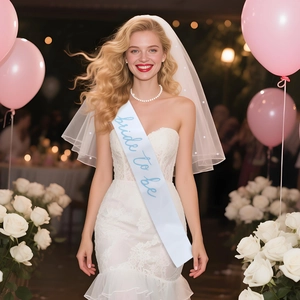 Nahaufnahme einer hellblauen Satin-Schärpe mit bride to be Schriftzug für Junggesellinnen