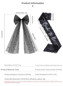 Detail view of Bride to Be black lace sash and mesh bow with precise size dimensions