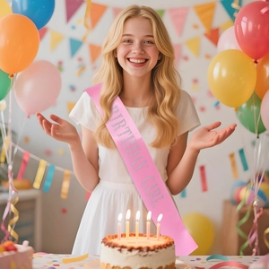 Pink glitter Birthday Girl sash with silver font worn by a model at a party scene