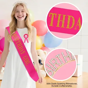 Set de fête Birthday Girl avec écharpe rose, diadème strass et badge rosette