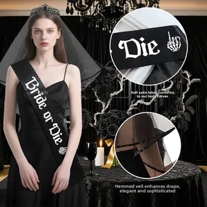 Gothic Bride or Die black sash with skull hand print and layered lace bridal veil