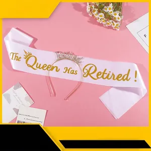Two-piece retired party set with white satin sash and rhinestone retired headband