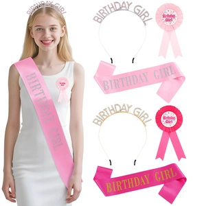 Kit fête Birthday Girl avec écharpe rose pailletée, diadème strass et badge pour fille