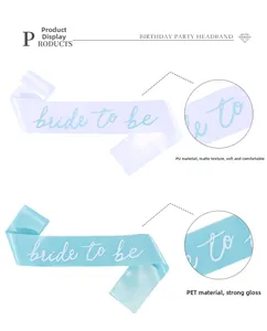 Detailed view of white PU and blue PET bride to be sashes with matte and glossy texture