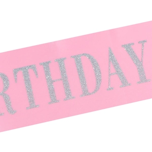 Pink satin Birthday Girl sash with shimmering silver glitter lettering for party decor