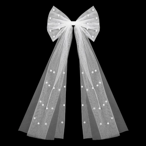 Bridal Bow Hair Clip With Artificial Pearl Mesh Veil Long Ribbon Elegant Wedding Hair Accessories For Bride Women Romantic Headpiece