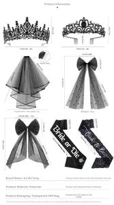 Detailed size specifications for black rhinestone crown, bridal veil, and gothic sashes