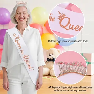 Retirement party set featuring a rose gold rhinestone tiara and white satin queen sash