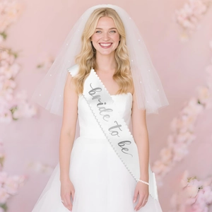 White Bride To Be sash with silver lettering and pearl embroidered bridal party veil