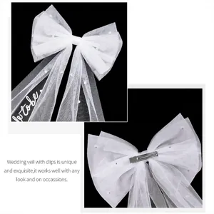 White bridal bow veil with pearls and Bride to be embroidery on double layer mesh