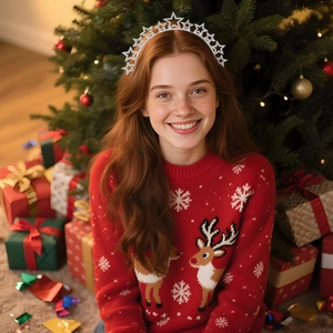 Sparkling silver star headband for Christmas worn by model in a festive holiday setting