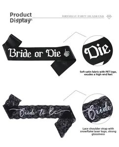 Detail of Bride or Die gothic satin sash and Bride to Be lace sash with laser logo