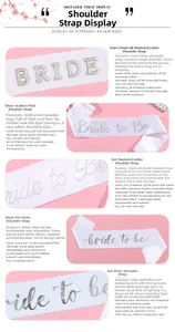 Detail of bridal sashes with pearl, glitter, and rhinestone 'Bride' embroidery for party