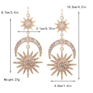 Detailed dimensions of gold Baroque sun and moon earrings with sparkling rhinestones