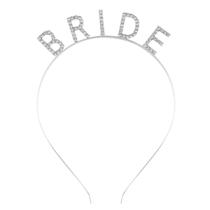 Detailed view of silver bridal headband with BRIDE rhinestone lettering on white background