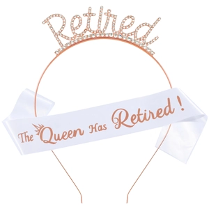 Rose gold retired rhinestone tiara and white satin queen sash for retirement party
