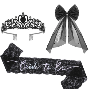 Gothic black bridal accessory set with rhinestone tiara, lace sash, and mesh hair bow