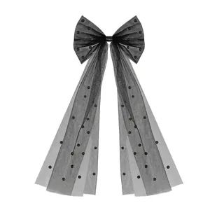 Elegant black tulle bow hair clip with pearls and long streamers, 51cm total length