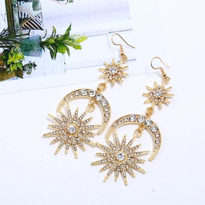 Baroque style gold moon and sun drop earrings with sparkling rhinestones for women