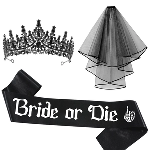 Gothic ghost bride set with black gemstone crown, mesh veil and Bride or Die satin sash