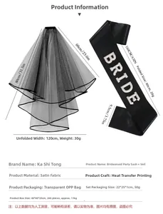 Detail of black double-layered gothic veil and Bride sash with silver glitter lettering